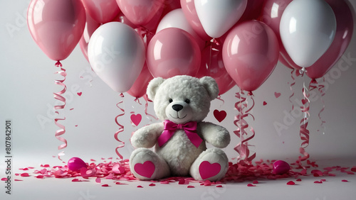 Lovely white teddy bear with beautiful pink roses on pink background
