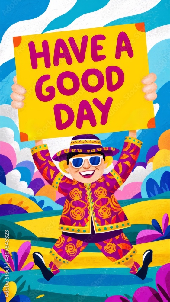 Fototapeta premium A bright and cheerful poster featuring a cartoon man holding a 