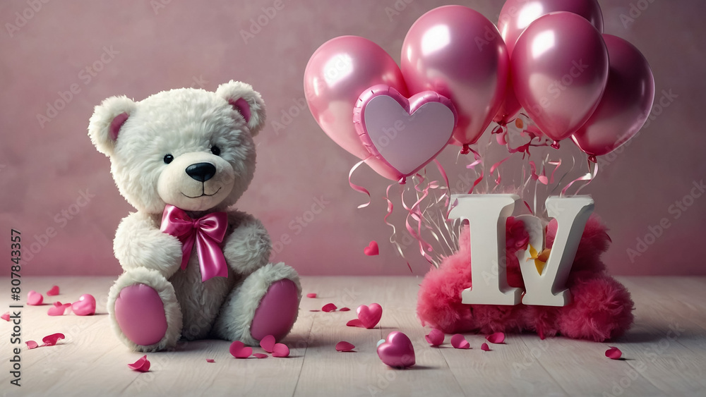 Lovely white teddy bear with beautiful pink roses on pink background
Lovely white teddy bear with beautiful pink roses on pink background