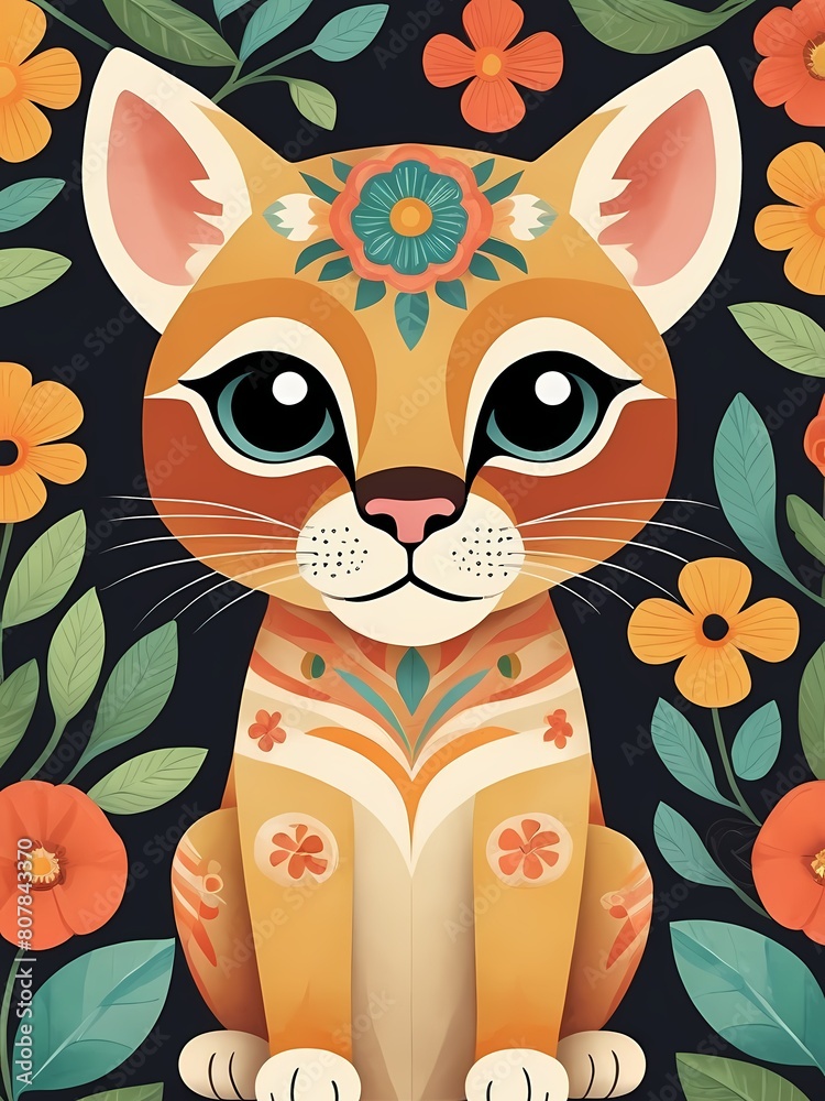 Floral Cute Baby Puma Nursery Generative AI Illustration Floral Cute Baby Puma Nursery Generative AI Illustration