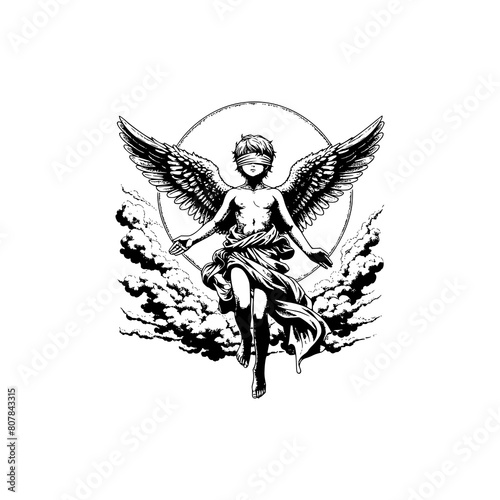 angel with blind fold spread wings floating in the sky vector illustration
