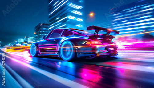 Sports car, sleek, high-performance, neon-lit, cityscape, night, speed, fast, motion, urban, nightlife, futuristic, adrenaline, driving, racing, luxury, stylish, modern, vibrant, dynamic, excitement, 