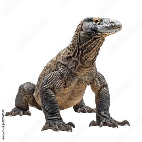 Komodo dragon standing side view isolated on white background  photo realistic.