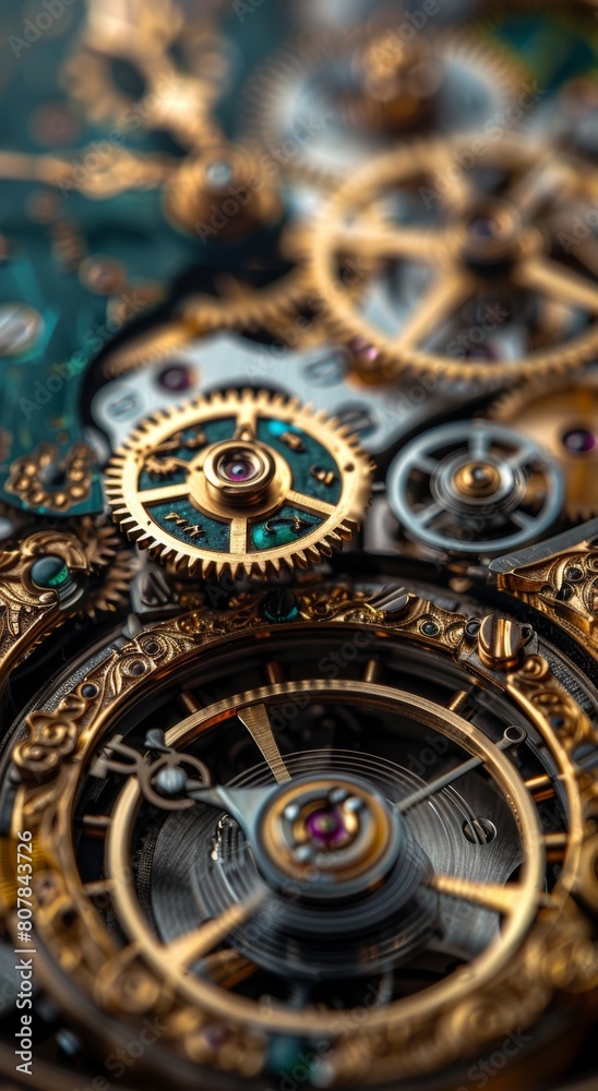 close up of vintage mechanical clock with gears. 3 d rendering