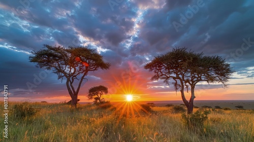sunset in the field and beautiful tree.