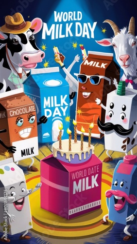 An animated World Milk Day poster featuring dairy-themed characters celebrating the holiday. (ID: 807844175)