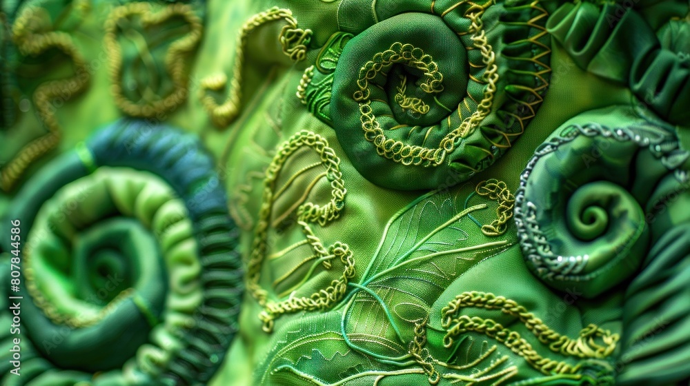 A close-up of intricate green and gold spiral patterns and textures A close-up of intricate green and gold spiral patterns and textures