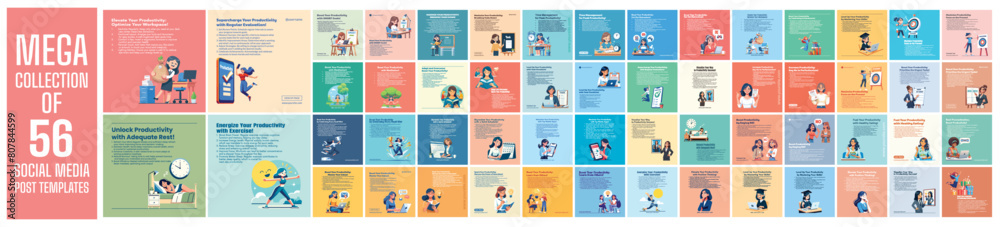 Mega collection of 56 social media post design template. used for productivity theme content Mega collection of 56 social media post design template. used for productivity theme content