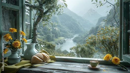   A view of a river from a window, with flowers in the foreground and a cup of coffee in hand © Olga