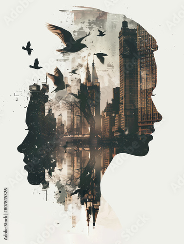 Double exposure representing the connection between people in the city - poster