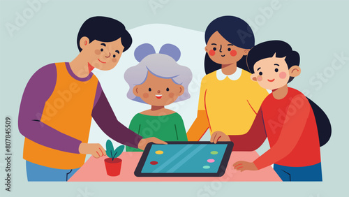 Family members take turns drawing and guessing on a digital drawing game passing around a tablet that displays the drawing in progress for everyone to. Vector illustration