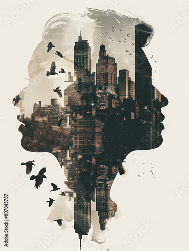 Double exposure representing the connection between people in the city - poster
