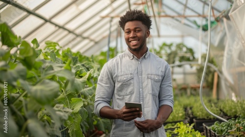 Smiling Farmer with Smartphone in Greenhouse photo