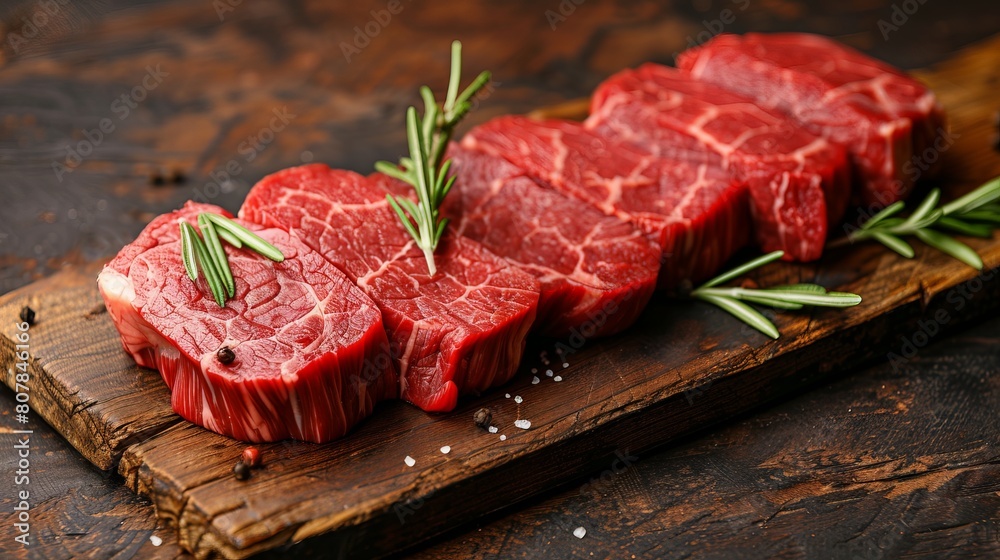 Freshly sliced beef steaks neatly arranged on a wooden cutting board, with clear marbling and a vibrant red hue, perfect for advertising premium cuts in a supermarket display