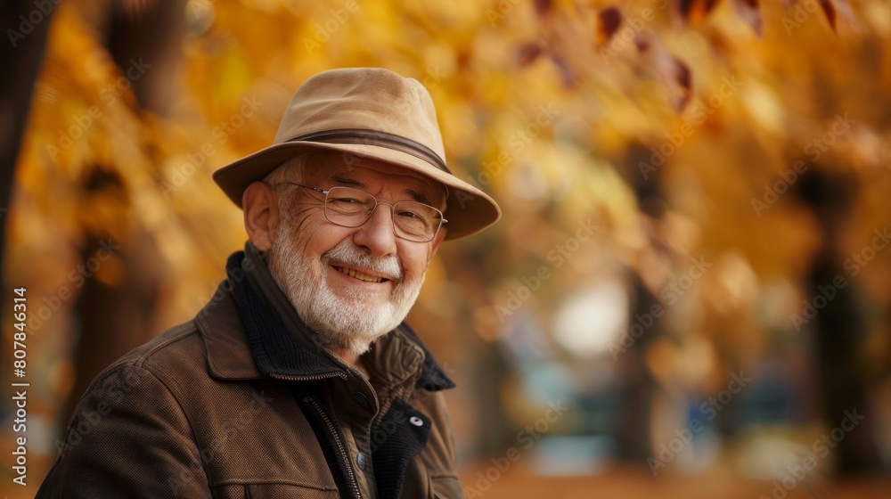 Portrait of happy positive mature man with broad smile in elegant clothes on an autumn walk in city park