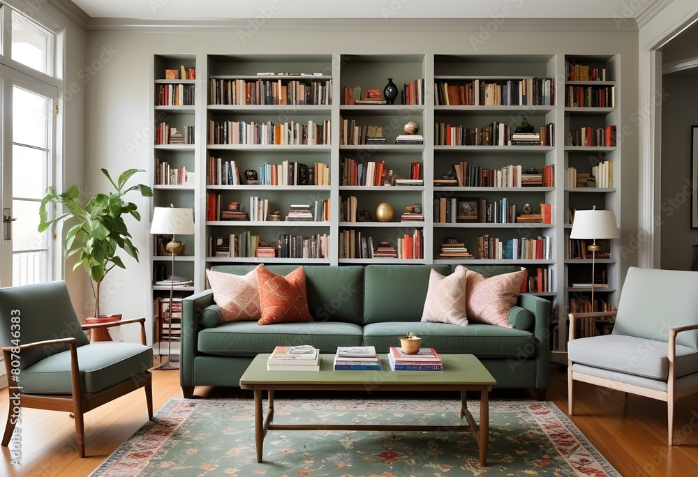 A cozy living room with a large built-in bookshelf filled with books, a gray sofa, a patterned rug, and a green coffee table A cozy living room with a large built-in bookshelf filled with books, a gray sofa, a patterned rug, and a green coffee table