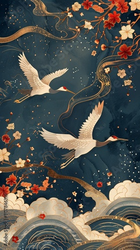 Scenic landscape featuring gold silhouette crane birds against a vintage-style backdrop of Chinese wave decorations. Geometric floral branch accents with text copy space