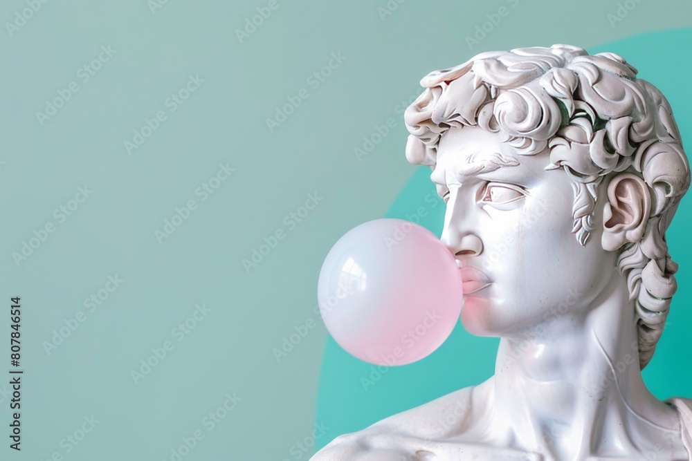 Classical Statue Blowing a Pink Bubble Gum