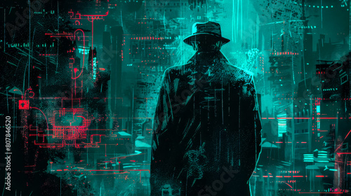 Cyberpunk detective in neon cityscape