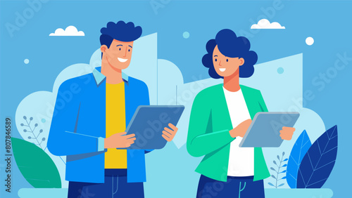 Two project managers stand side by side going over blueprints and making notes on their respective tablets.. Vector illustration