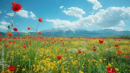   Field of red and yellow flowers beneath a blue sky  with mountains in the distance
