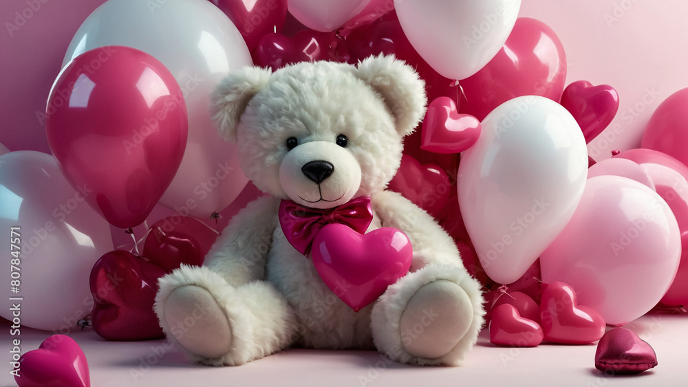 Lovely white teddy bear with beautiful pink roses on pink background
Lovely white teddy bear with beautiful pink roses on pink background