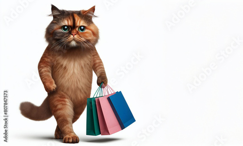 Portrait of anthropomorphic cute cat with shopping bags isolated on white background © Aul Zitzke