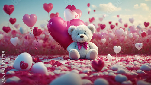 Lovely white teddy bear with beautiful pink roses on pink background
