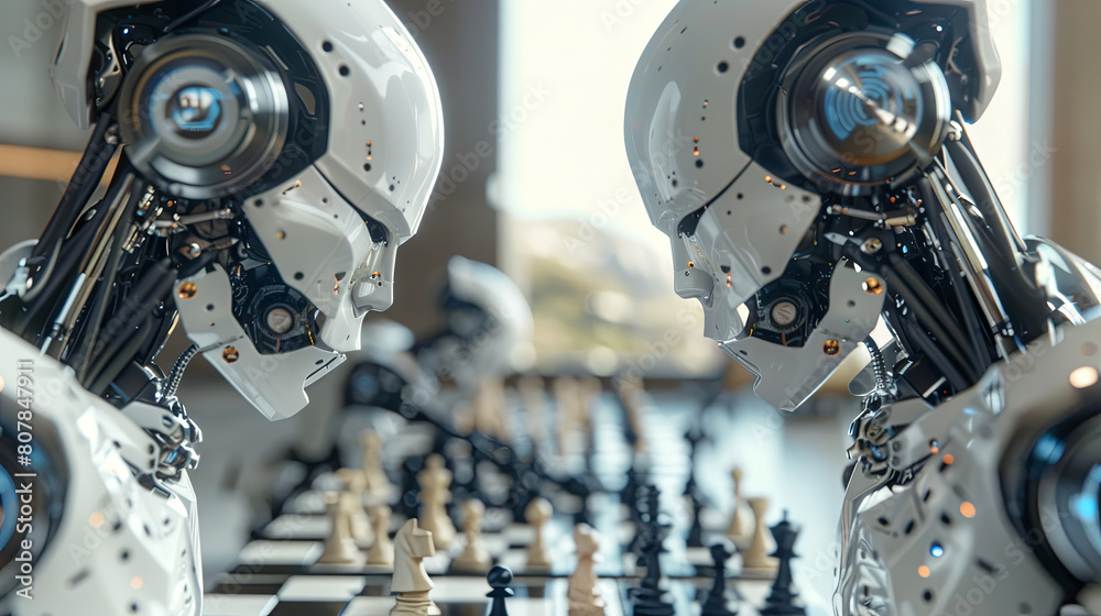 Fototapeta premium two cyborg robots playing chess in white room