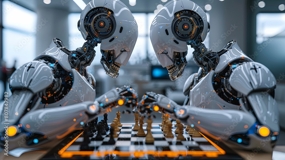 two cyborg robots playing chess in white room two cyborg robots playing chess in white room