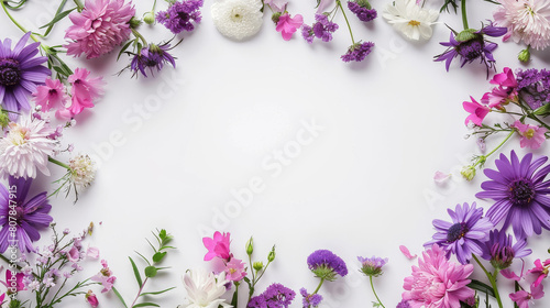 Purple, pink and white fresh spring flowers forming a frame on white background, copy space elegant greeting card