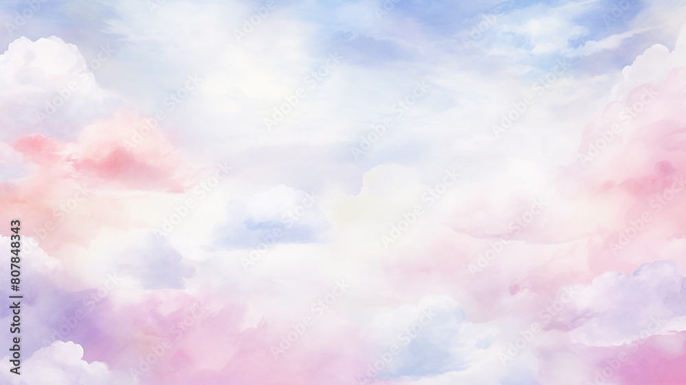 Fototapeta premium Pink cloudy landscape, watercolor postcard background