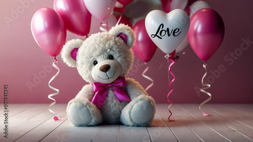 Lovely white teddy bear with beautiful pink roses on pink background
