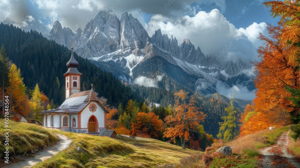 church nestled in the mountains, surrounded by trees and a clear blue sky church nestled in the mountains, surrounded by trees and a clear blue sky
