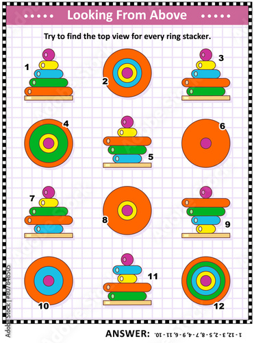 Math visual puzzle with colorful wooden ring stacking toys: Try to find the top view for each ring stacker. Answer included.
