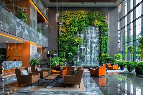 A living room with a waterfall as the central feature  flowing seamlessly into the surrounding decor and creating a unique interior design element