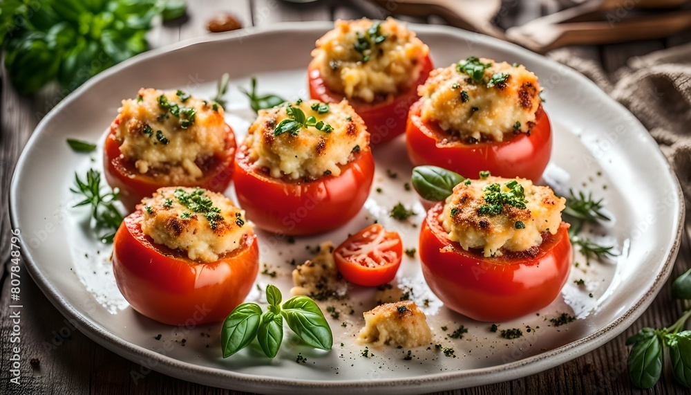 Stuffed tomatoes with cheese, breadcrumbs an herbs
Stuffed tomatoes with cheese, breadcrumbs an herbs