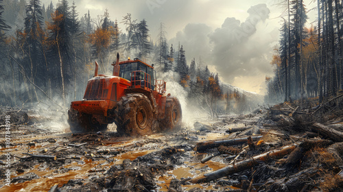 Heavy logging operations amidst a forest, showing fallen trees and active machinery, highlighting ecosystem disruption.