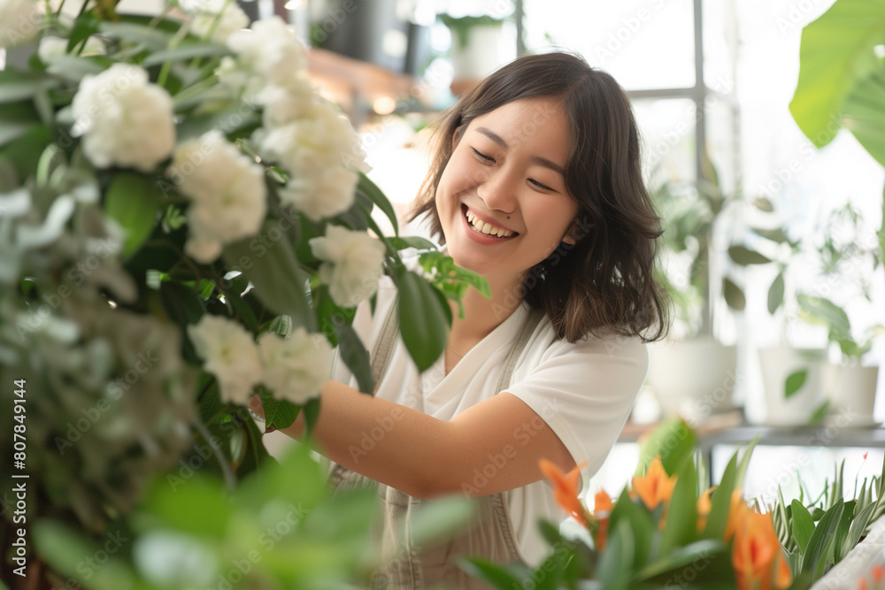 South East Asian florist happy at work in a beautiful shop, crisp and bright feel, small business, flowers and plants, landscape format