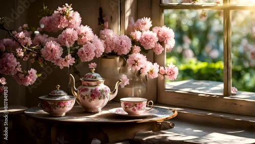 still life with flowers and butterfly in the window photo