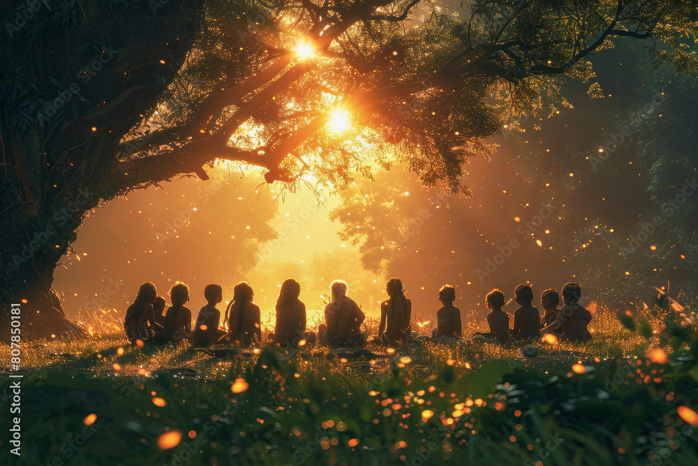 children and elders share knowledge in a lush forest, highlighting the tradition of wisdom transfer for conservation's future. children and elders share knowledge in a lush forest, highlighting the tradition of wisdom transfer for conservation's future.