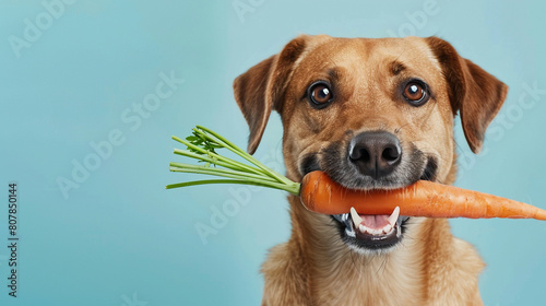 Closeup portrait of dog with carrot in mouth, healthy vegan food concept, copy space for text © Aul Zitzke