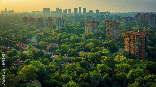 Urban expansion into the forest captured in a detailed view from bustling city forefront to pristine natural background, depicting the clash between human growth and nature.. photo
