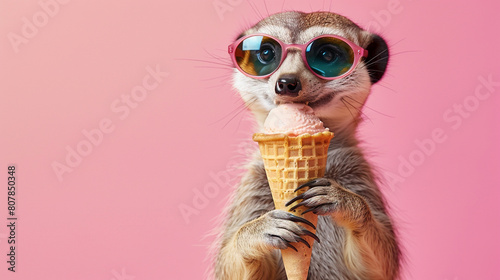 Studio portrait of anthropomorphic meerkat with sunglasses eating ice cream and standing isolated on pink background, copy space for text  © Aul Zitzke