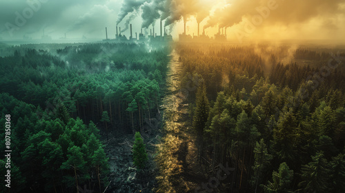 Stark aerial contrast between lush forest and deforested area with distant smokestacks  visually associating tree loss with climate change drivers