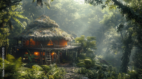 A cozy thatched hut nestles in the forest, its lights a beacon of sustainable living, with looming threats of deforestation nearby photo