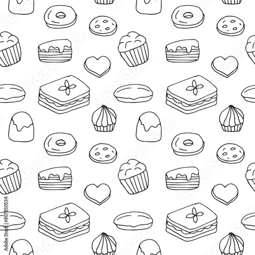 Cakes seamless pattern vector illustration, hand drawn doodles