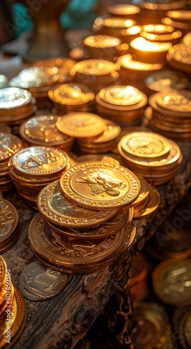 gold coins and a black background with coins and the old wooden table