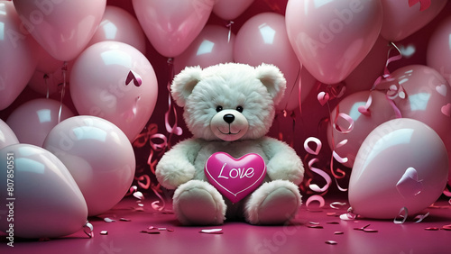 Lovely white teddy bear with beautiful pink roses on pink background
