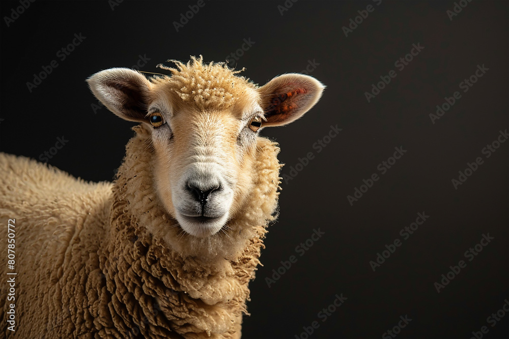 Eid ul Adha concept, A beautiful, cute sheep against a sleek black background. Eid celebration